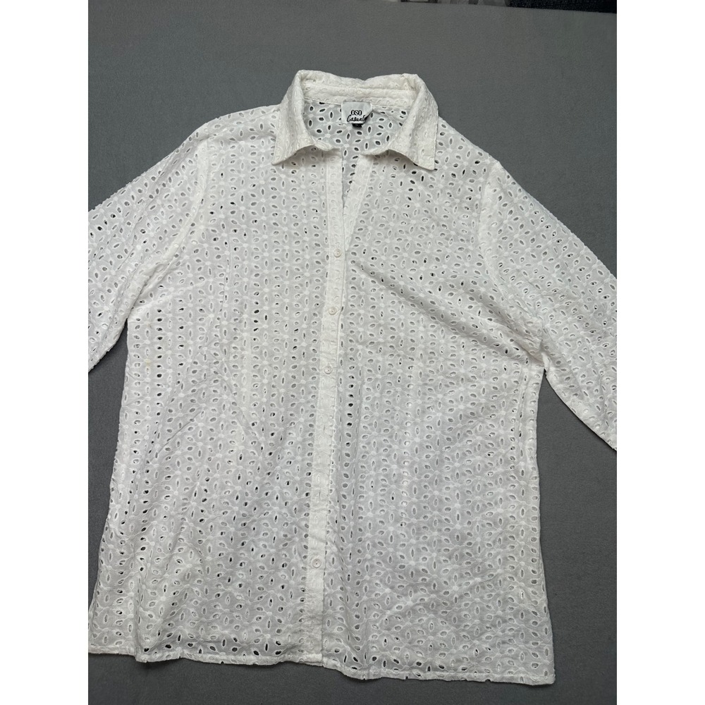 Oso Casuals White Eyelet Button Down Shirt Womens 1X 100% Cotton 3/4 Tie Sleeve